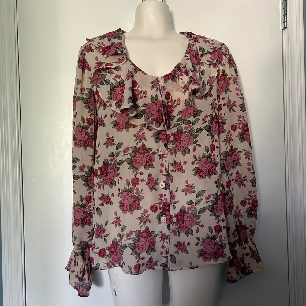 Notches Floral Print Semi-sheer Long Sleeve Ruffle Detail Button Up Blouse